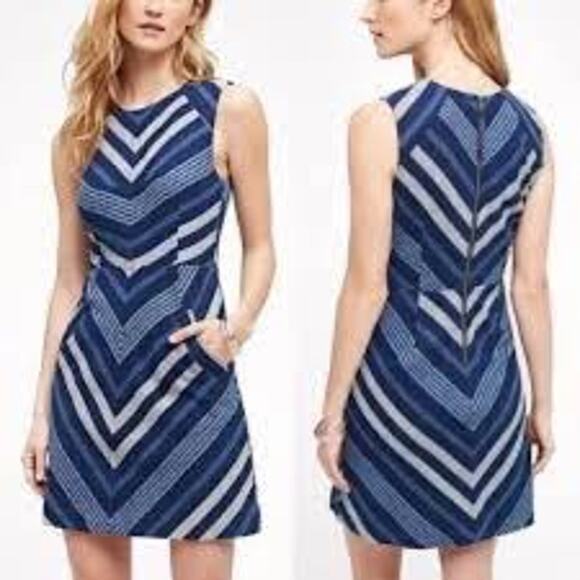 Anthropologie Maeve Antonia Blue Chevron Striped Cotton Dress - Size 4 Petite - Picture 1 of 10